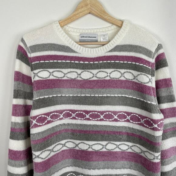 VTG Alfred Dunner Sweater LP Purple White Striped Chenille Pullover Grandma - Picture 10 of 15